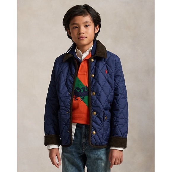 Boys Polo Ralph Lauren Quilted Navy Blue Barn Jacket Corduroy Collar Size Large - Picture 1 of 6